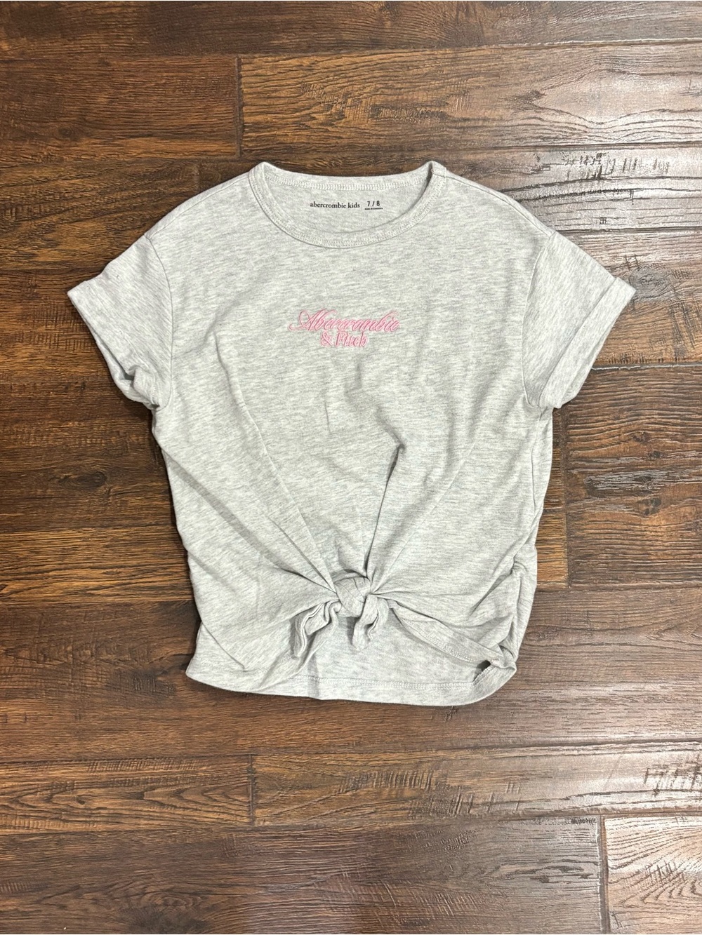 Abercrombie & Fitch Girls Light Gray Tie-Front Logo Tee - Pink Script